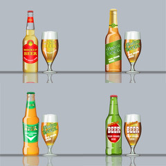 Digital vector beer set mockup, green and golden bottle, realistic flat style, isolated and ready for your design and logo