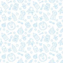 Seamless pattern baby food, pastel color, vector illustration. Infant feeding thin line icons. Cute repeated blue texture, baby item for packaging, baby shower card, fabric. Birthday invitation design