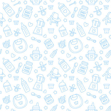 Fototapeta Seamless pattern baby food, pastel color, vector illustration. Infant feeding thin line icons. Cute repeated blue texture, baby item for packaging, baby shower card, fabric. Birthday invitation design