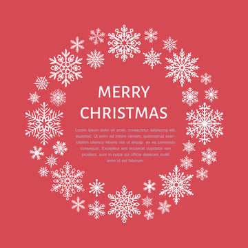 Cute snowflake poster, banner. Season greetings. Flat snow icons, snowfall. Nice snowflakes for christmas banner, cards. New year snowflake. Merry Christmas wreath