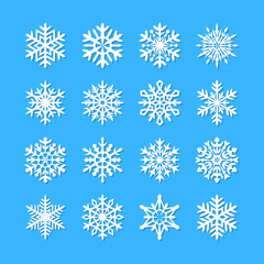 Cute snowflake collection isolated on blue background. Flat snow icons, snow flakes silhouette. Nice snowflakes for christmas banner, cards. New year snowfall. Organic and geometric snowflakes set.