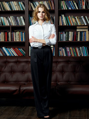 Beautiful sexy girl, library, interior studio