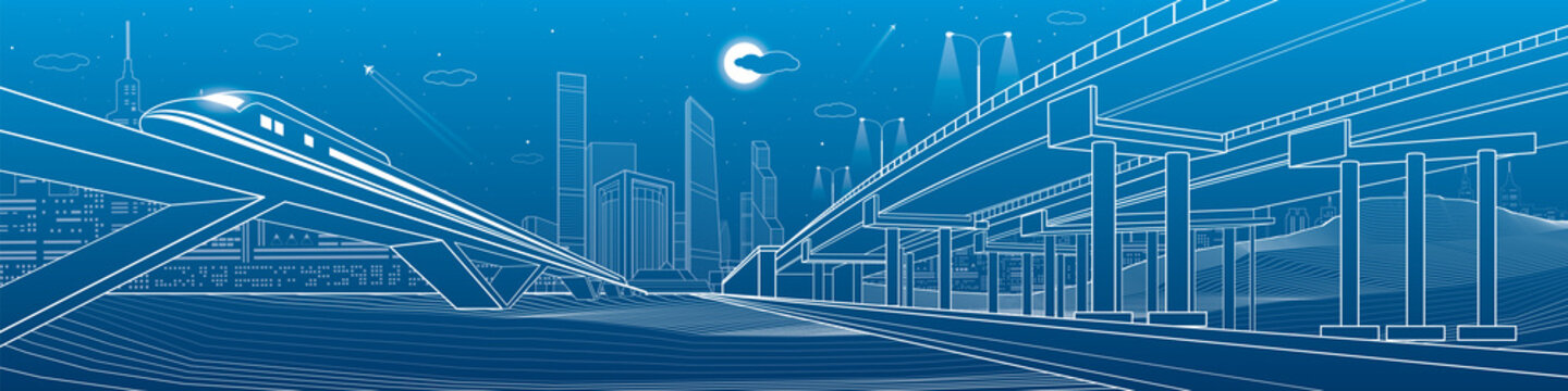 Automotive overpass, infrastructure and transportation illustration, transport flyover, highway, white lines urban scene, train move on the bridge, night city on background, vector design art