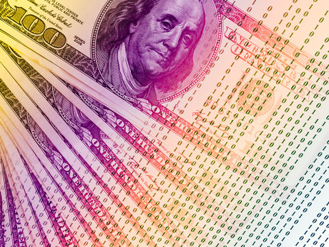 Cyptocurrency or digital money concept image. Double exposure of US Dollar banknotes and abstract binary code background, Representing the code-fication of money, market and trust.