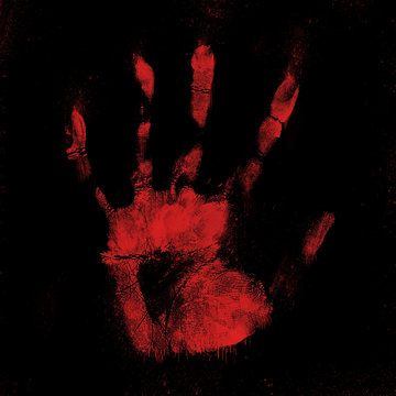 Scary bloody hand print on black background