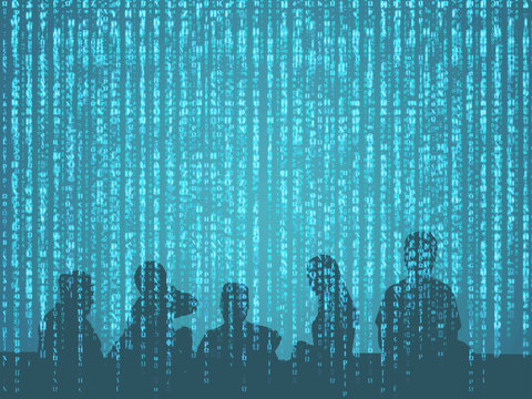 Digital disruption concept background image. Double exposure of silhouette of peoples with binary code abstract background. Representing sharing economy in digital disruption.