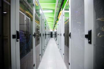 Hallway with a row of servers