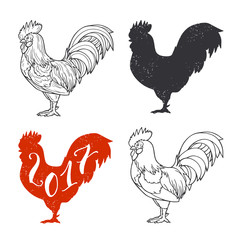 Fototapeta na wymiar Stylized red rooster hand drawn in lines isolated on white background. 2017 symbol. Vector illustration. Can be used for website background, greeting cards, calendar, printing