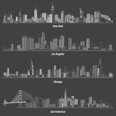 Naklejka premium United States cities skylines in line art style. Vector illustrations