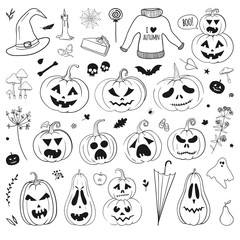Halloween doodles vector set, carved pumpkins, ghost, bat, skull witch hat