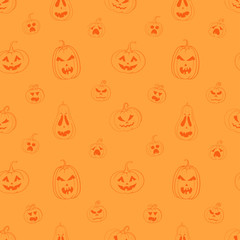 Vector seamless pattern with carved pumpkins on orange background. Bright orange wrapping paper for Halloween. 