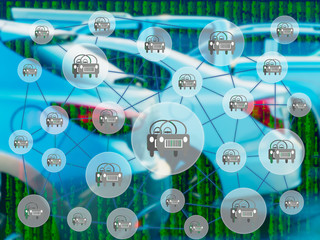 Car share concept. Sharing economy and collaborative consumption. Car sharing icons on digital code and car at parking area background.