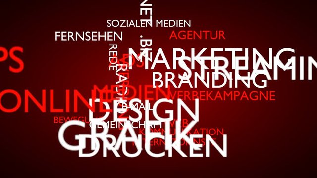 Marketing, branding word tag cloud - red, German variant, 3D rendering, UHD