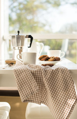 Early morning french home breakfast with coffee