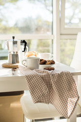 Early morning french home breakfast with coffee