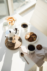 Early morning french home breakfast with coffee