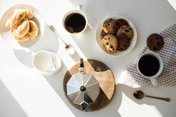 Early morning french home breakfast with coffee
