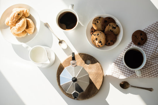Early morning french home breakfast with coffee