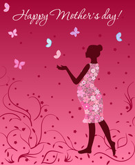 Obraz na płótnie Canvas Mother's day card with pregnant woman in floral dress with butterflies on pink background