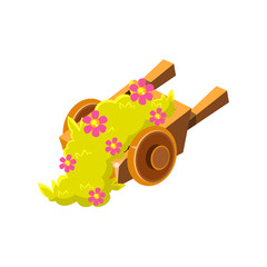 Decorative Wooden Wheel Barrel With Flowers Isometric Garden Landscaping Element
