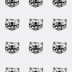 Pattern bear head, icon. Repeated, seamless, hand drawn. Black background. 