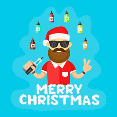 Young santa hipster men with vape. Flat vector illustration. vaping shop concept. Cloud letters. Merry christmas