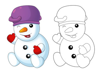 Happy cartoon snowmen - smiling and watching - isolated - with coloring page - illustration for children