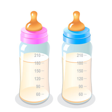 Baby Bottles Vector Illustrations. Baby Bottles On A White Background. Baby Bottles Realistic Illustration. Baby Bottles For Girls And Boys.