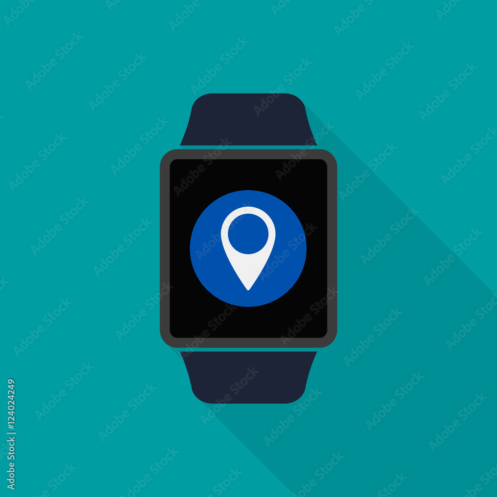 Poster smart watch icon with navigation app map pointer symbol. vector isolated color illustration.