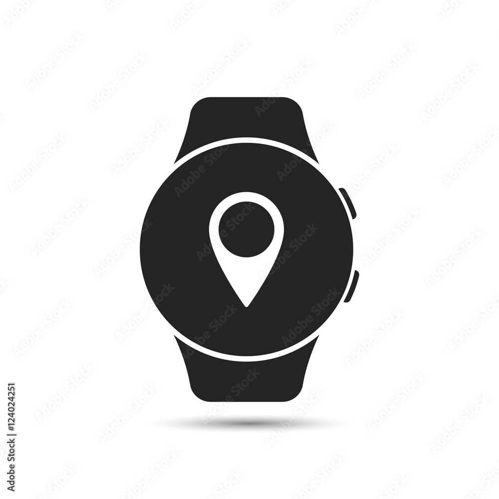 Poster smart watch icon with navigation app map pointer symbol. vector isolated illustration.