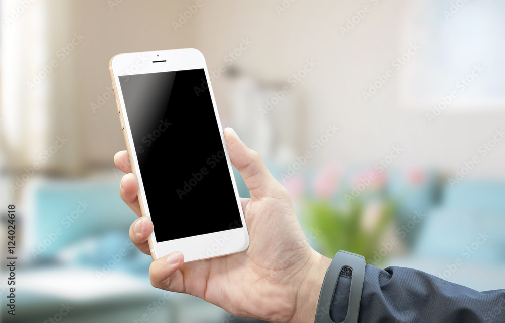 Poster using white silver smart phone in room. blank screen of mobile device for mock-up. white background.