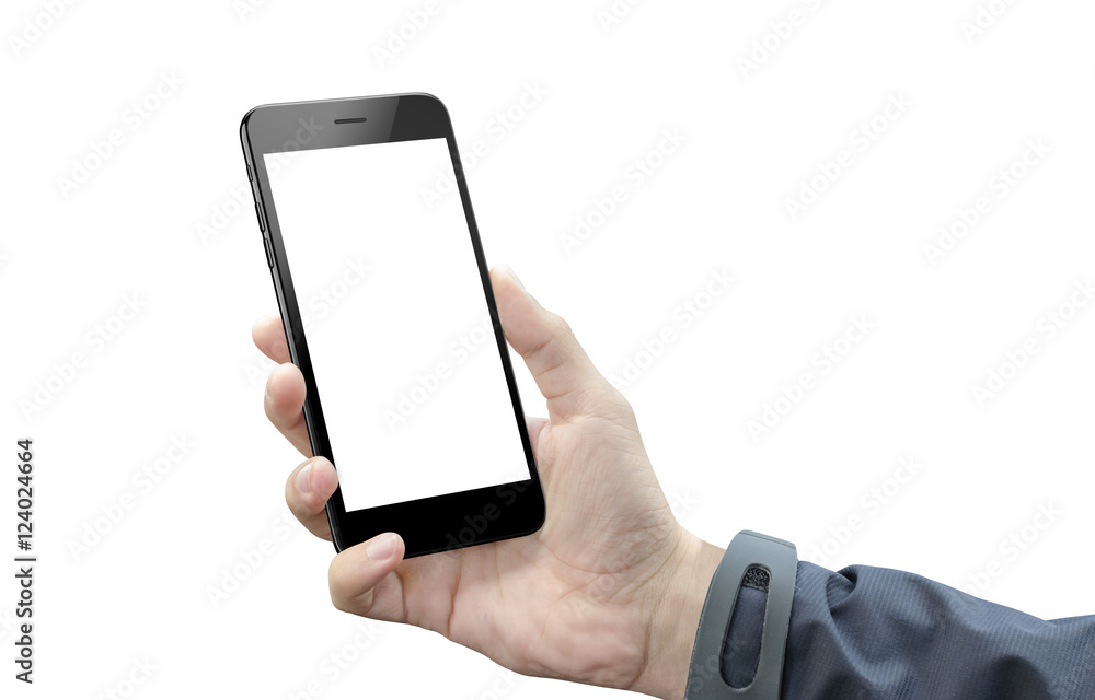 Poster smart phone in man hand isolated. blank screen of mobile device for mockup. white background.