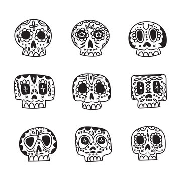 Vector cute ethnic Mexican sugar skulls icons