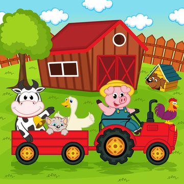 farm animals ride on the tractor in the yard - vector illustration, eps