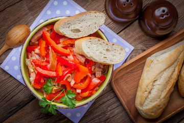 Leczo - stew with peppers, onions and sausages.
