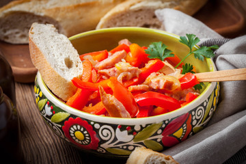 Leczo - stew with peppers, onions and sausages.