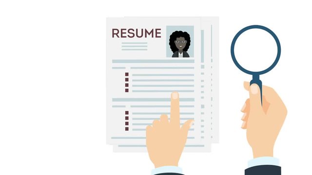 african american man Job interview and recruitment business concept, holding resume and magnifying glass, businessman examining cv through a magnifier, Seamless Loop with alpha channel