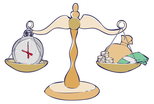 Time is money – Illustration of scales weighing up time against money 