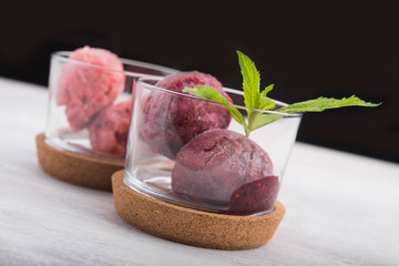 Fruit sorbet witn green mint in glass