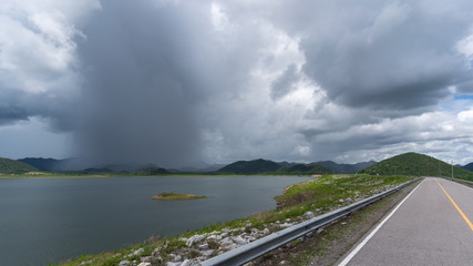 Pouring rain at Pranburi Dam ,  Pranburi district, Prachuap Khiri Khan province , Thailand