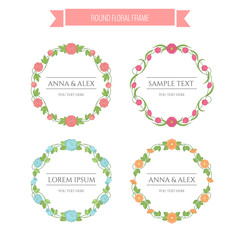 Vector floral wreath border set. Round frames of flowers, roses, peonies, daisy, tulips.