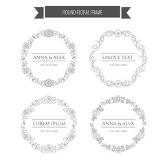 Vector floral wreath outline. Round frames of flowers, roses, peonies, daisy, tulips.