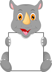 cute baby rhino cartoon and blank sign