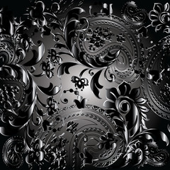 Paisleys floral  black monochrome vector seamless pattern background wallpaper illustration with vintage stylish beautiful modern 3d black paisley flowers leaves and ornaments on the black  background