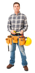 Full-length construction worker building contractor carpenter tradesman isolated on white background