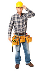 Full-length construction worker building contractor carpenter tradesman tipping hard hat isolated on white background