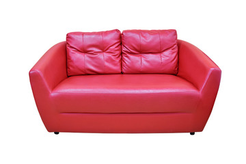 Red leather sofa isolated on white background.