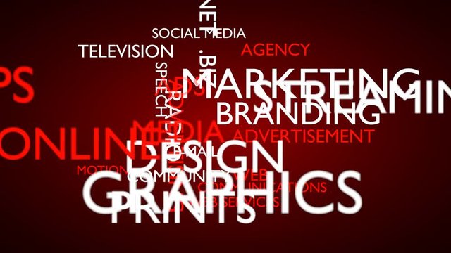 Marketing, branding word tag cloud - red, English variant, 3D rendering, UHD