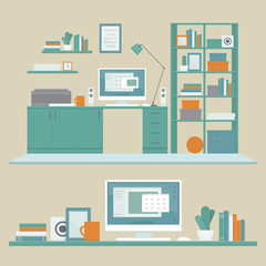 Workplace freelancer with desk, computer, shelves and equipment. Workspace. Home office. Work room modern interior. Flat design style, vector illustration.