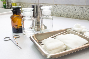 Close up of dressing set often used supplies in a medical for cleaning wounds (Shallow DOF)